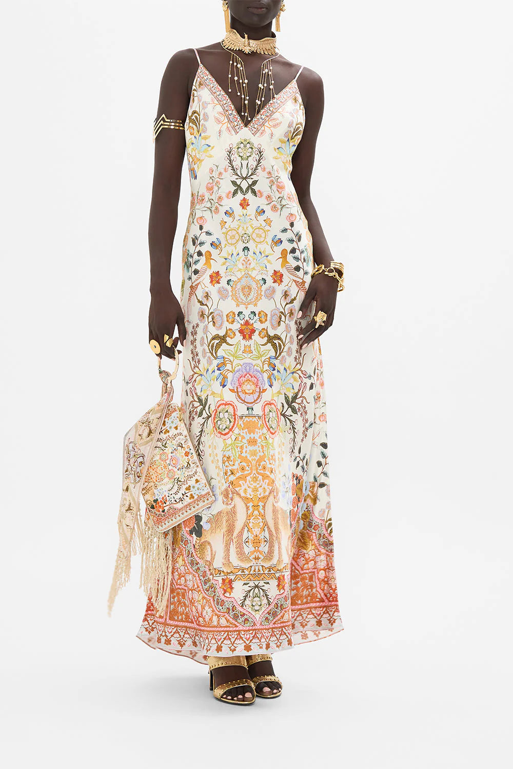 V NECK LONG BIAS SLIP DRESS WITH TRAIN PURE PRISM