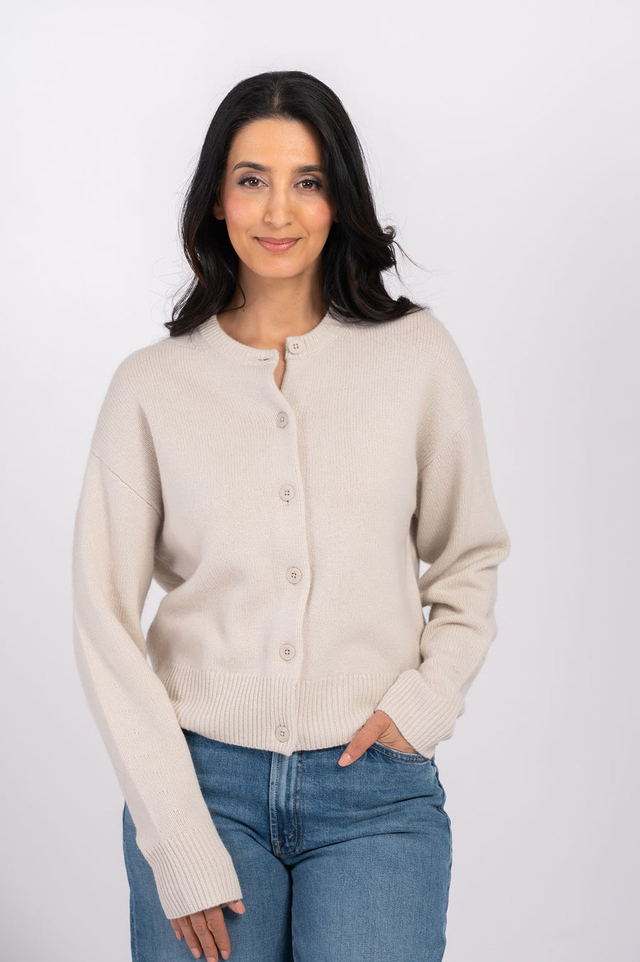 Cashmere Blend Crewneck Button Cardigan