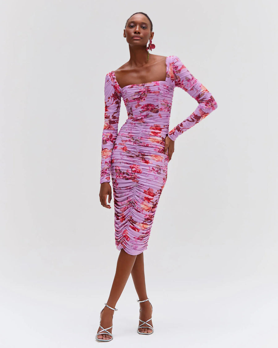 Floral Haze Stretch Tulle Midi Dress